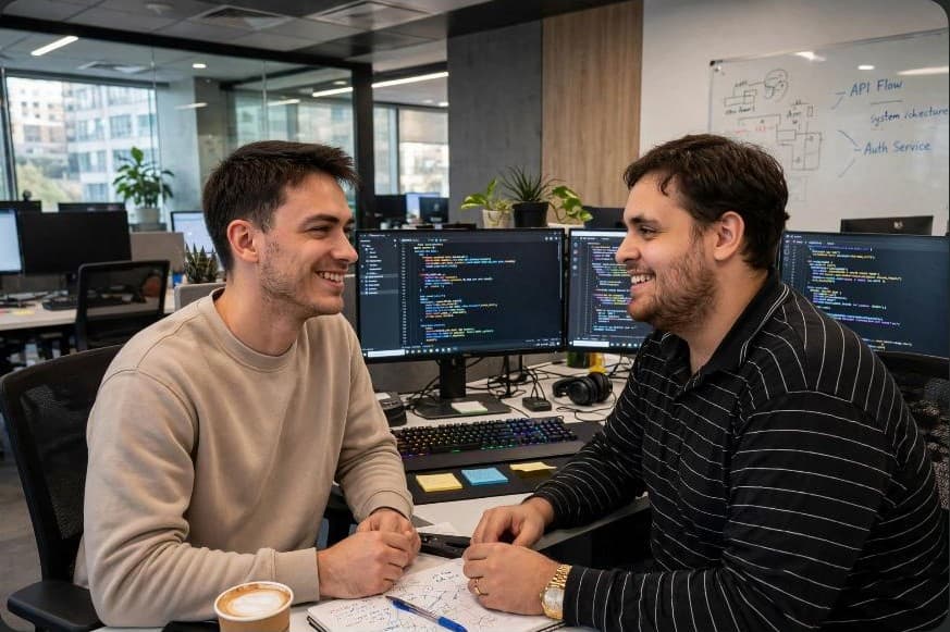 Carlos y Guido programando frente a la computadora