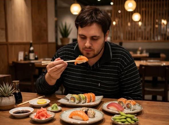 Carlos comiendo sushi